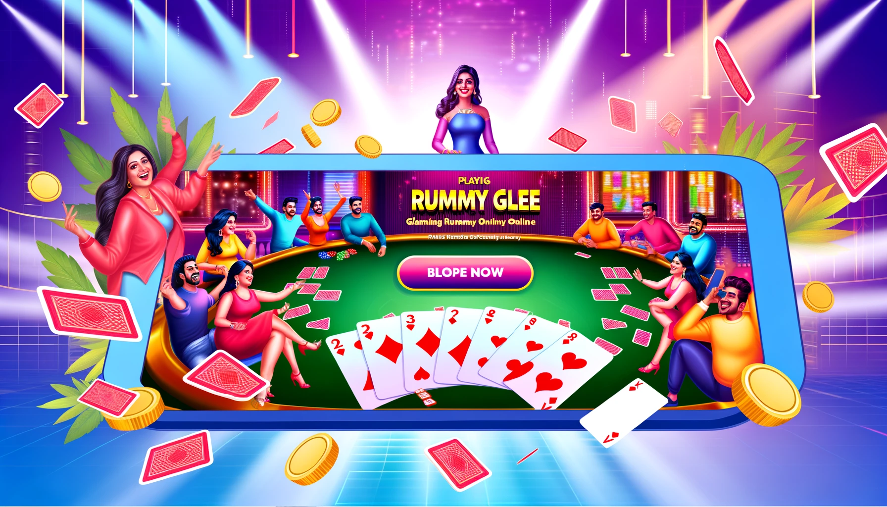 DALL·E 2024-02-21 14.10.27 - Create a vibrant and engaging promotional image for 'Rummy Glee', with the dimensions of 512x288 pixels. The image should highlight the fun and excite