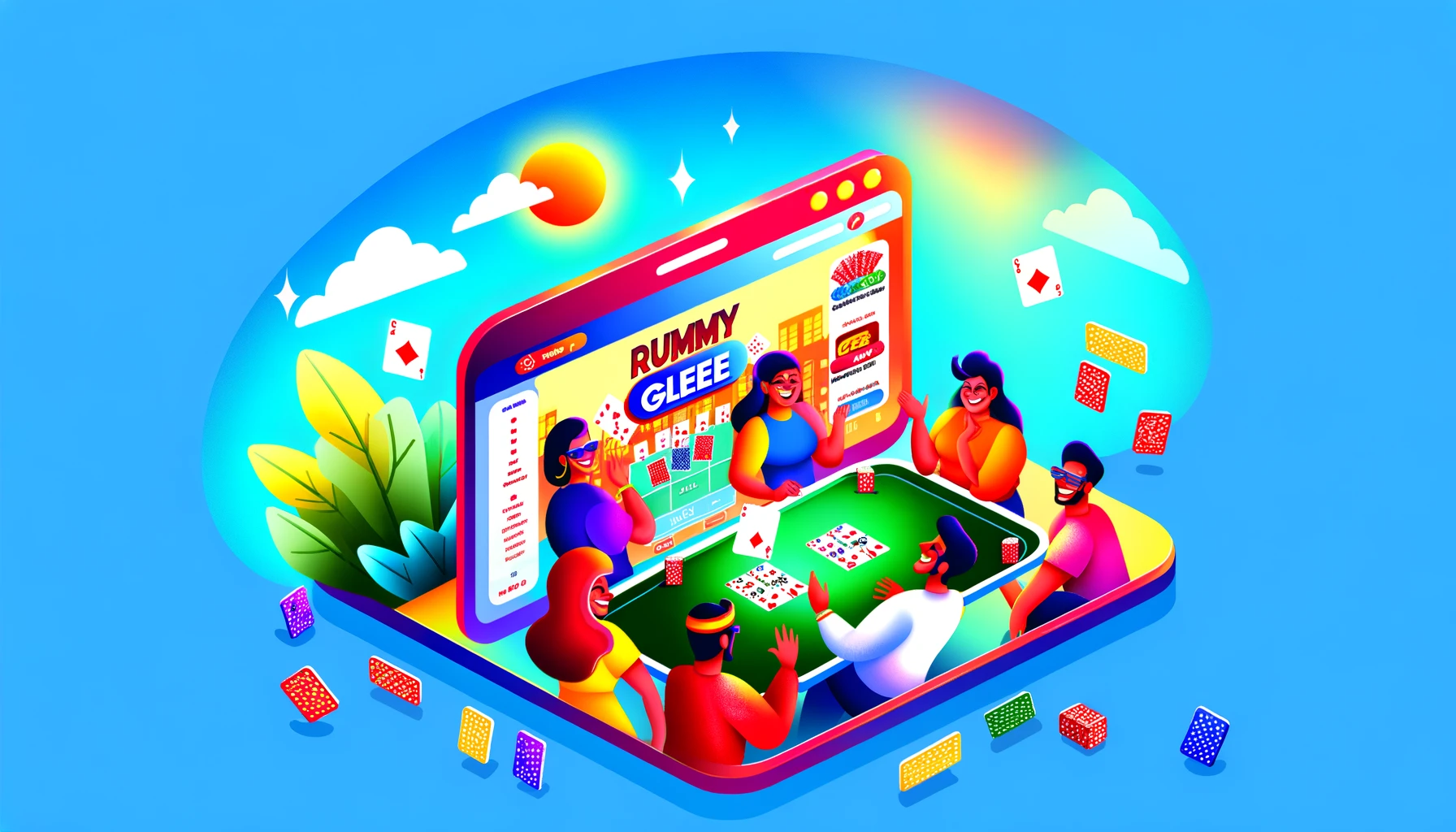 DALL·E 2024-02-21 14.10.34 - Create a vibrant and engaging promotional image for 'Rummy Glee', with the dimensions of 512x288 pixels. The image should highlight the fun and excite