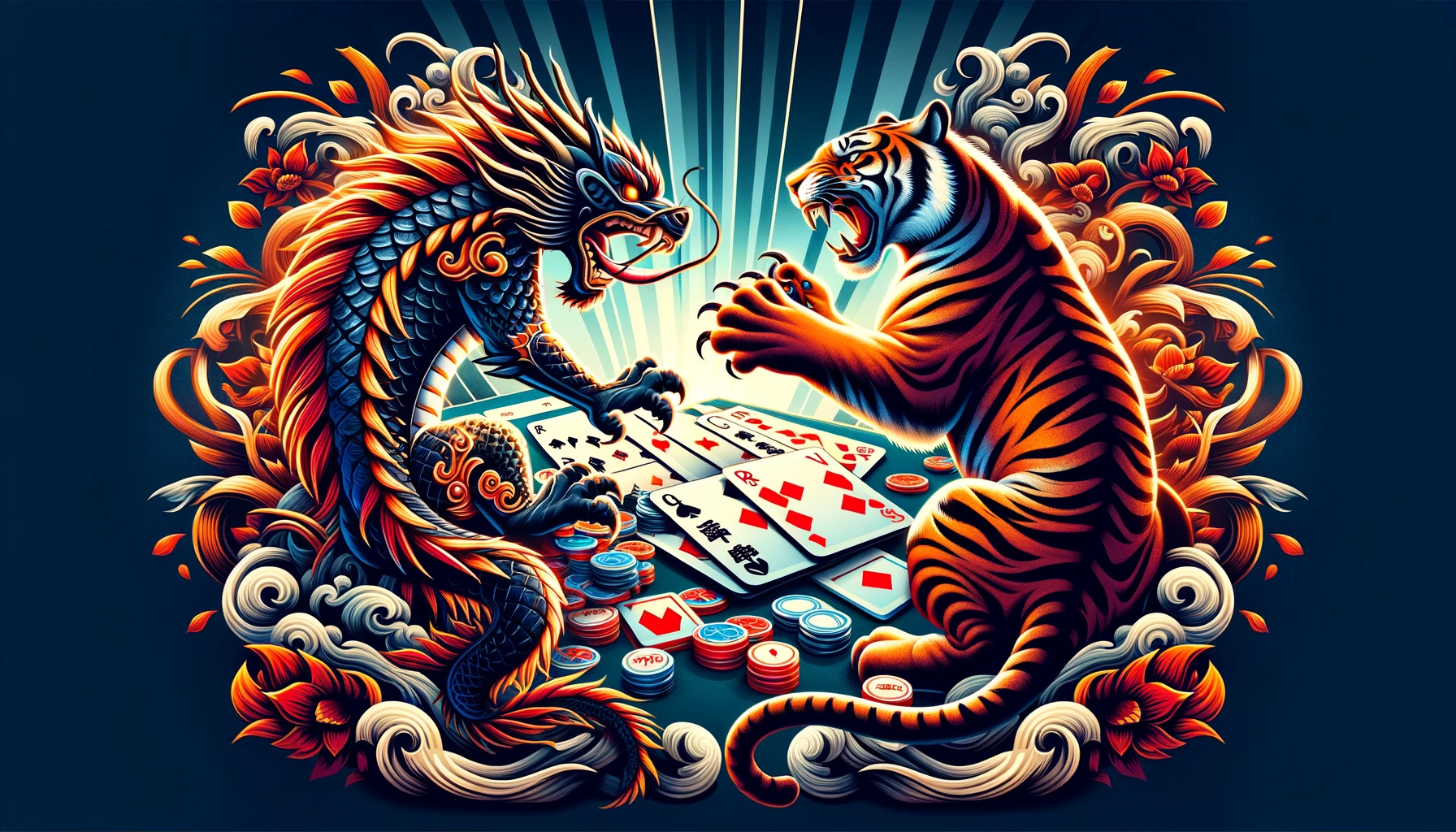 DALL·E 2024-02-21 14.12.47 - Create a wide promotional image for 'Rummy Glee' with a Dragon Tiger game theme, sized at 512x288 pixels. This image should vividly depict the dynamic